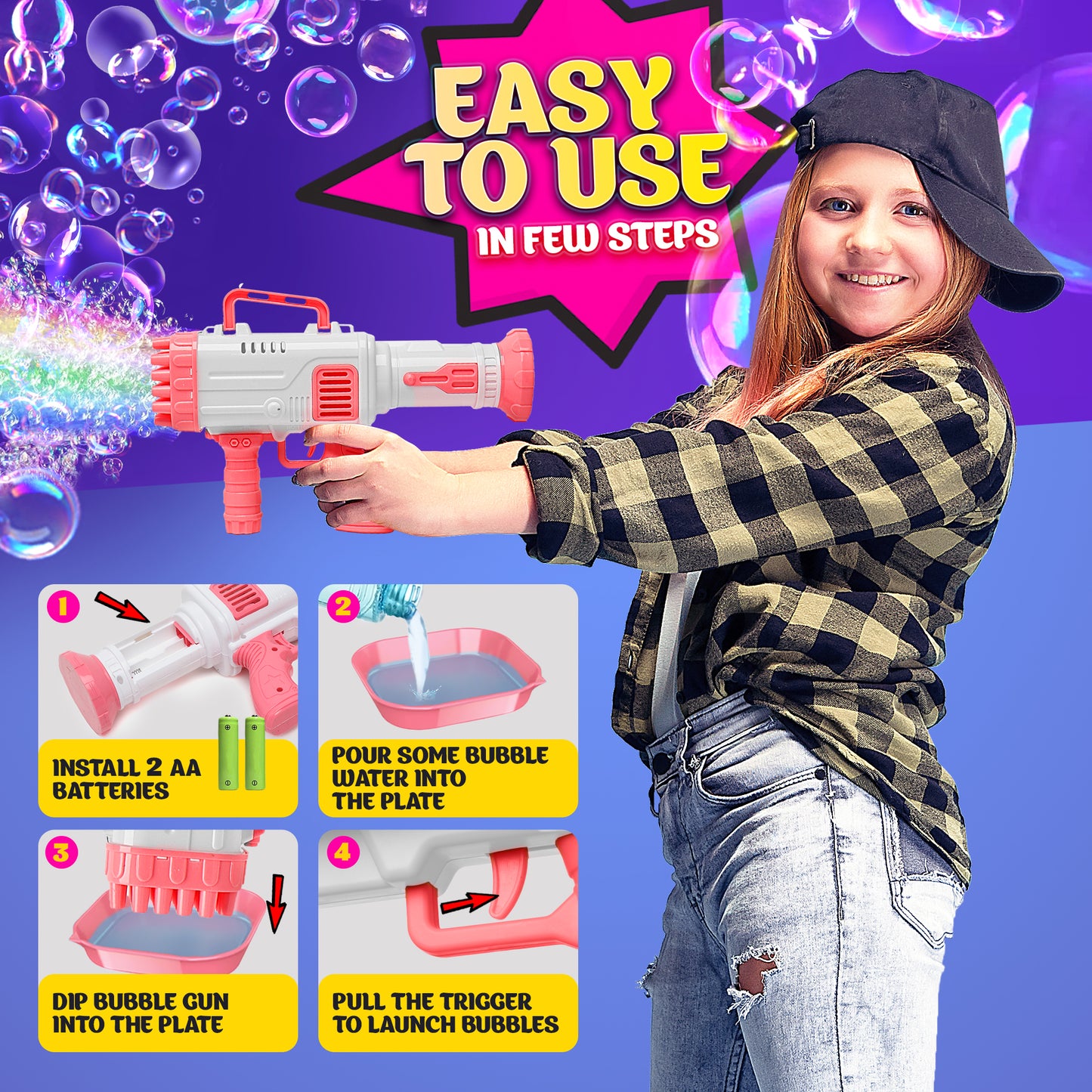 Bubble Machine Gun, Pink Bubble Gun with Bubble Solution, 32 Holes Bubbles Machine for Adults Kids, Summer Toy Gift for Outdoor Indoor Birthday Wedding Party - Pink Bubble Makers