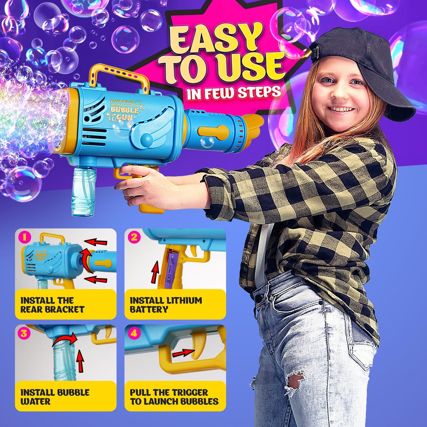 Fully Automatic Bubble Machine Gun - No Dip Bubble Gun Blaster for Kids Ages 4-8 and Adults with 3 Powerfull Fans - 5000 Bubbles per Minute - Best Gift for Birthdays and Party Favors